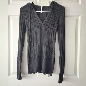 Gray Ribbed Knit Hoodie Sweater